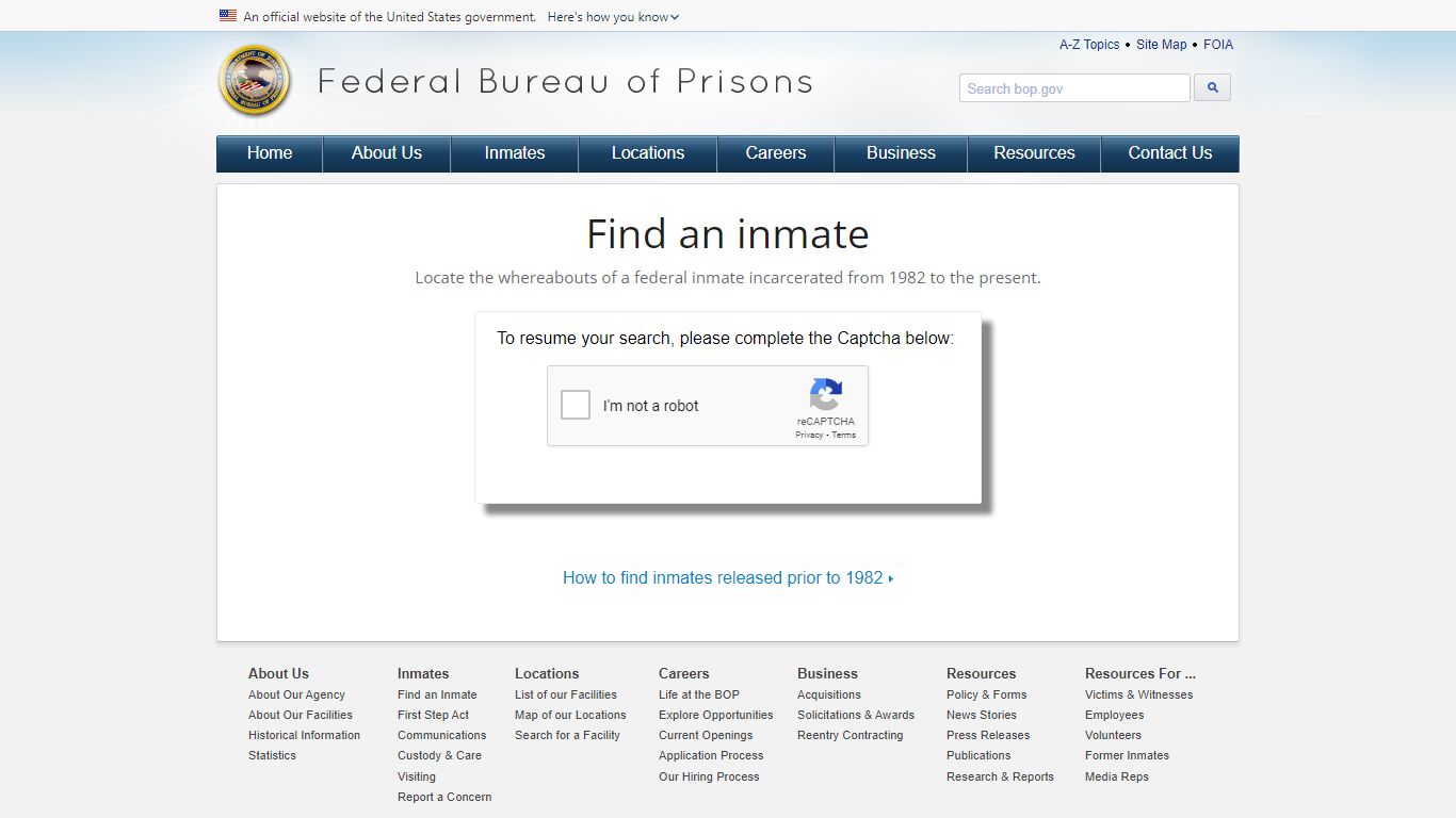 Validate with reCAPTCHA - Federal Bureau of Prisons